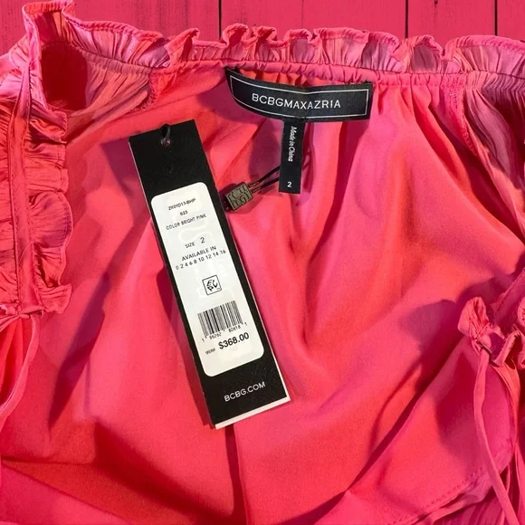 NWT BCBGMaxAzria Hot Pink Pliss Satin Tie-Waist Peasant Dress w/ Lace Trim Sz 2 Dresses NWT BCBGMaxAzria Hot Pink Pliss Satin Tie-Waist Peasant Dress w/ Lace Trim Sz 2 Dresses